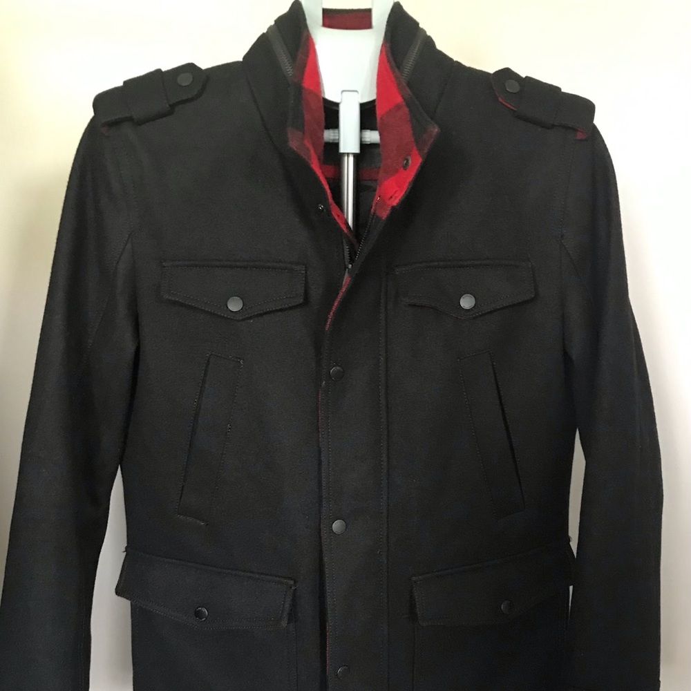 Men’s Guess Military style black wool Jacket with Red Accents